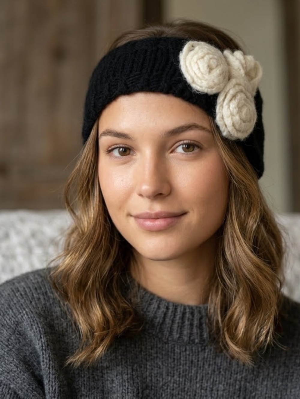 EUC Wooden Ships Women’s Black Knit Headband & Cream Rose Floral Embellishments